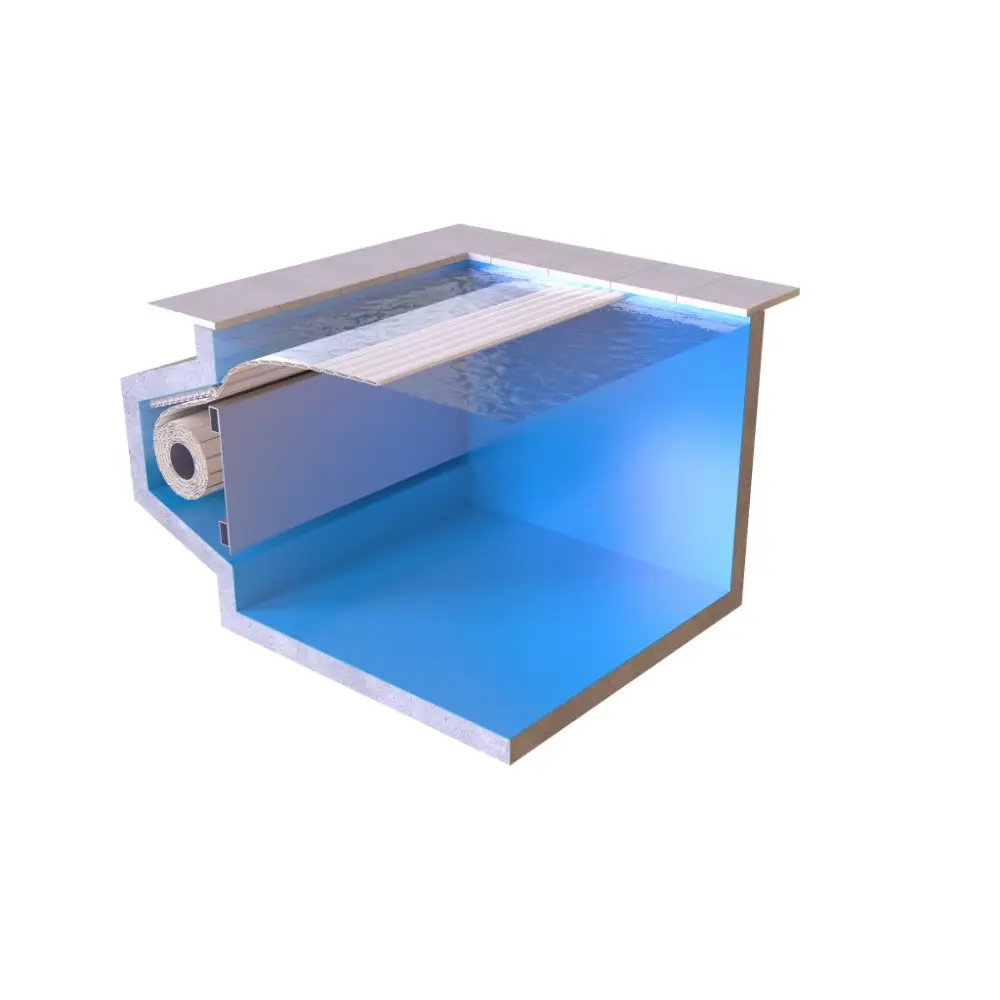 Blå pool med AquaTop nersänkt 800 4.5m bredd, vit flytande plattform och intern värmeslinga